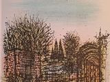 dessin représentant un paysage avec des arbres et une clôture au premier plan
