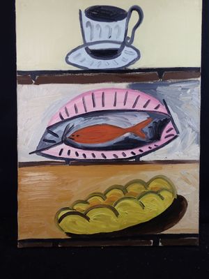 a painting of a fish and a plate of food on a table