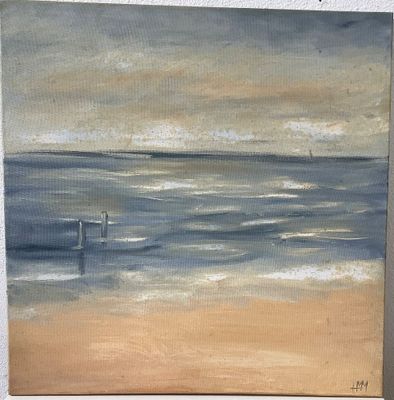 un tableau représentant deux personnes debout sur une plage