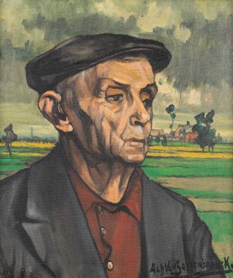 tableau représentant un vieil homme coiffé d'un chapeau et vêtu d'une chemise rouge dans un champ