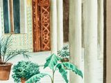 a painting of a courtyard with potted plants on the floor