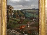 an oil painting of a farm scene with cattle and a stream