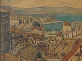 tableau représentant une vue de ville avec un plan d'eau au loin
