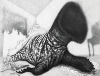 black and white drawing of a dog laying on the floor wearing a sweater