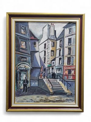 painting of a street scene with a man walking down the stairs