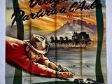 une vieille affiche de cinéma représentant un homme tenant un pistolet à la main, avec un train en arrière-plan