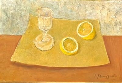 a painting of two lemons and a glass on a table