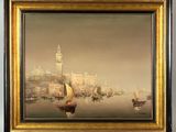 tableau représentant une vue de ville avec une tour horloge et des bateaux sur l'eau