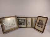 three framed pictures of people and a clock on a table