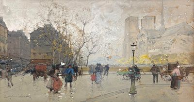 une peinture de personnes marchant dans la rue sous la pluie