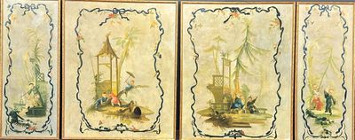 quatre panneaux représentant un tableau où l'on voit un bateau et des personnes sur une plage