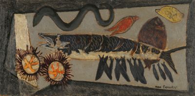 a painting of a fish and other items on the wall