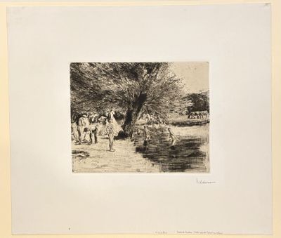 an image of a drawing of a group of people by a river