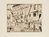 a black and white drawing of a street scene with a crowd of people