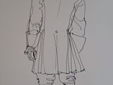 drawing of a man in a coat and hat standing with his hands in his pockets