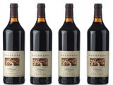six bottles of red wine lined up in a row