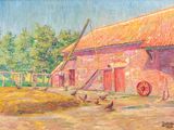 painting of a barn with chickens and a wheel in front of it
