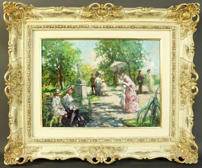 a painting of a group of people sitting on a bench