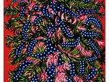 a painting of berries and leaves on a red background