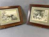 deux tableaux encadrés représentant des chevaux et des cavaliers dans un décor boisé