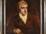 un tableau représentant un homme vêtu d'un manteau marron et d'une chemise blanche