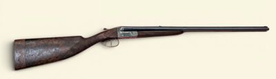 a close up of a rifle on a white background