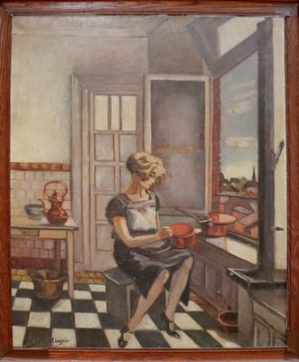 une peinture à l'huile représentant une femme en train de cuisiner dans une cuisine au sol à carreaux