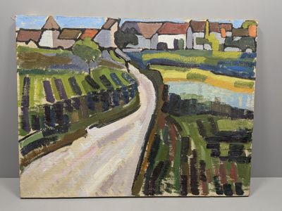 une peinture à l'huile représentant une route de campagne avec, en arrière-plan, des maisons et des champs