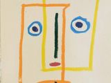peinture représentant le visage d'un homme sur une feuille de papier, avec des lignes bleues et jaunes