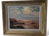 an oil painting of a beach scene with boats in the water