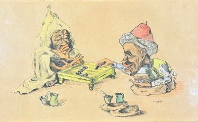 dessin représentant deux hommes jouant aux dames sur une table