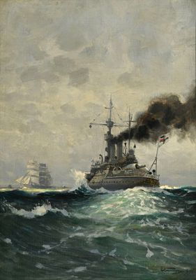 une image représentant un tableau où l'on voit deux navires en mer