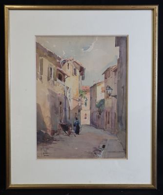 painting of a street scene with a person sitting on a bench in the middle of the street