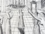 drawing of a group of women standing in a courtyard holding umbrellas
