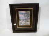 a painting of a snowy landscape with trees in the foreground
