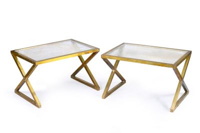 pair of brass side tables with glass tops