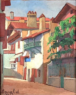 painting of a painting of a street scene with buildings and trees