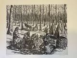 drawing of a group of people sitting around a fire in the woods