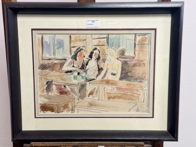 a picture of a painting of two women sitting on a couch