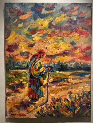une peinture à l'huile représentant un homme debout devant un tableau représentant un coucher de soleil