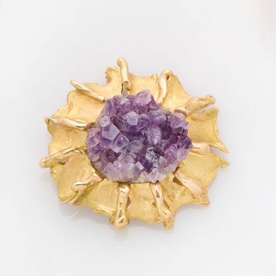 gold plated brooch with amethorate and amethorate