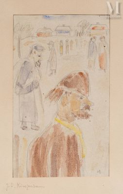 drawing of a man in a hat and coat standing in front of a group of people