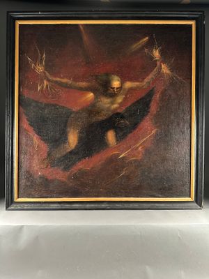 an image of a painting of a man on a flying object