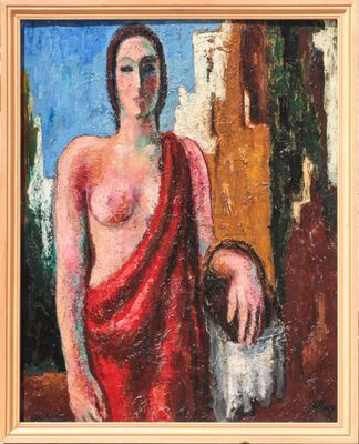 an oil painting of a woman in a red dress holding a bucket