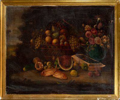 painting of a still life of fruit and vegetables on a table