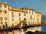 painting of a painting of a boat in a body of water with buildings in the background