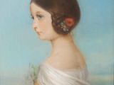 une peinture à l'huile représentant une jeune fille en robe blanche tenant une fleur