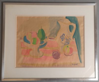 tableau représentant une nature morte avec une cruche et des fruits posés sur une table