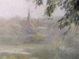 a painting of a field with a church in the distance