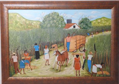 tableau représentant un groupe de personnes sur un chemin de terre, avec un cheval